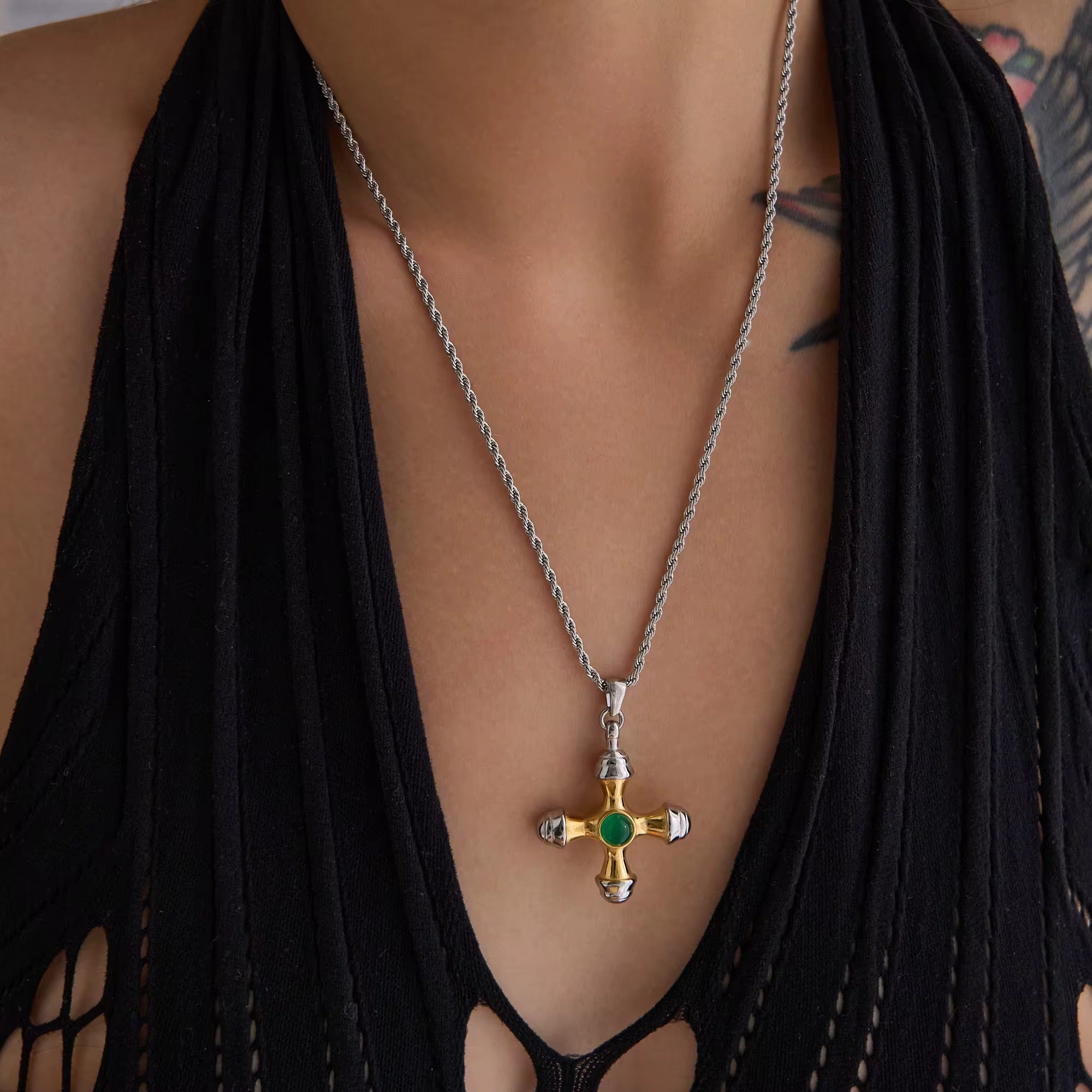 2-Tone Green Agate Cross Pendant Necklace - GRISÉ NYC 3