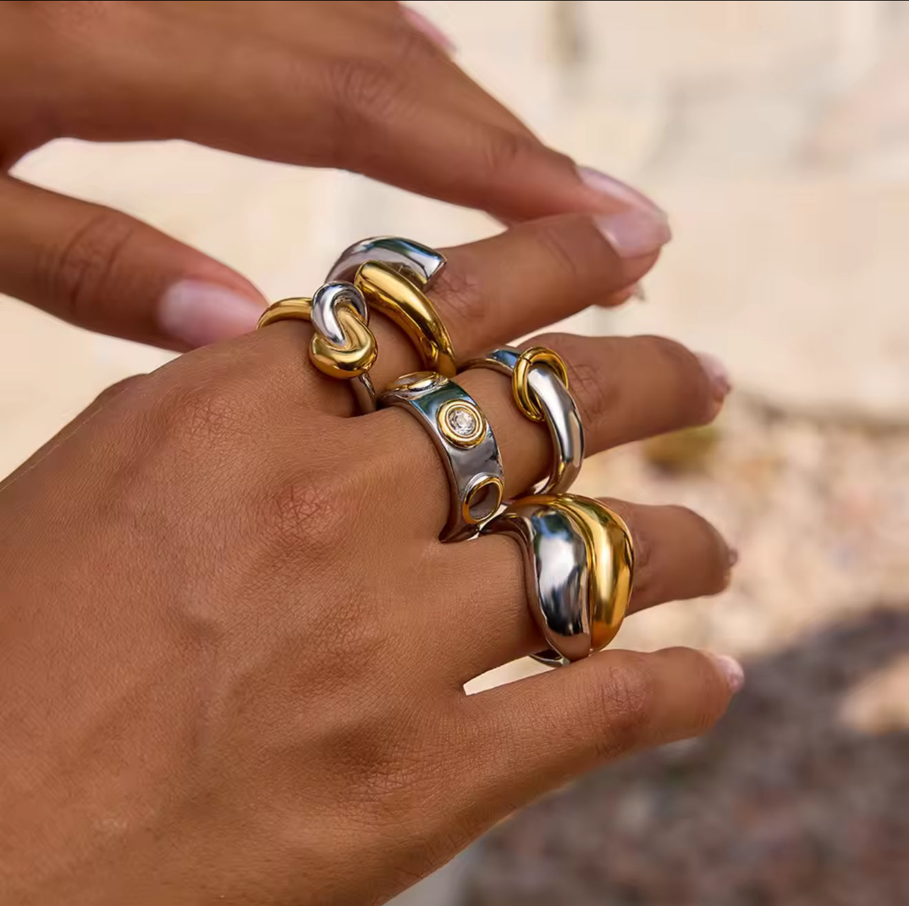 Model wearing 2 Tone Halo Band Ring mixed metal gemstone ring GRISÉ NYC