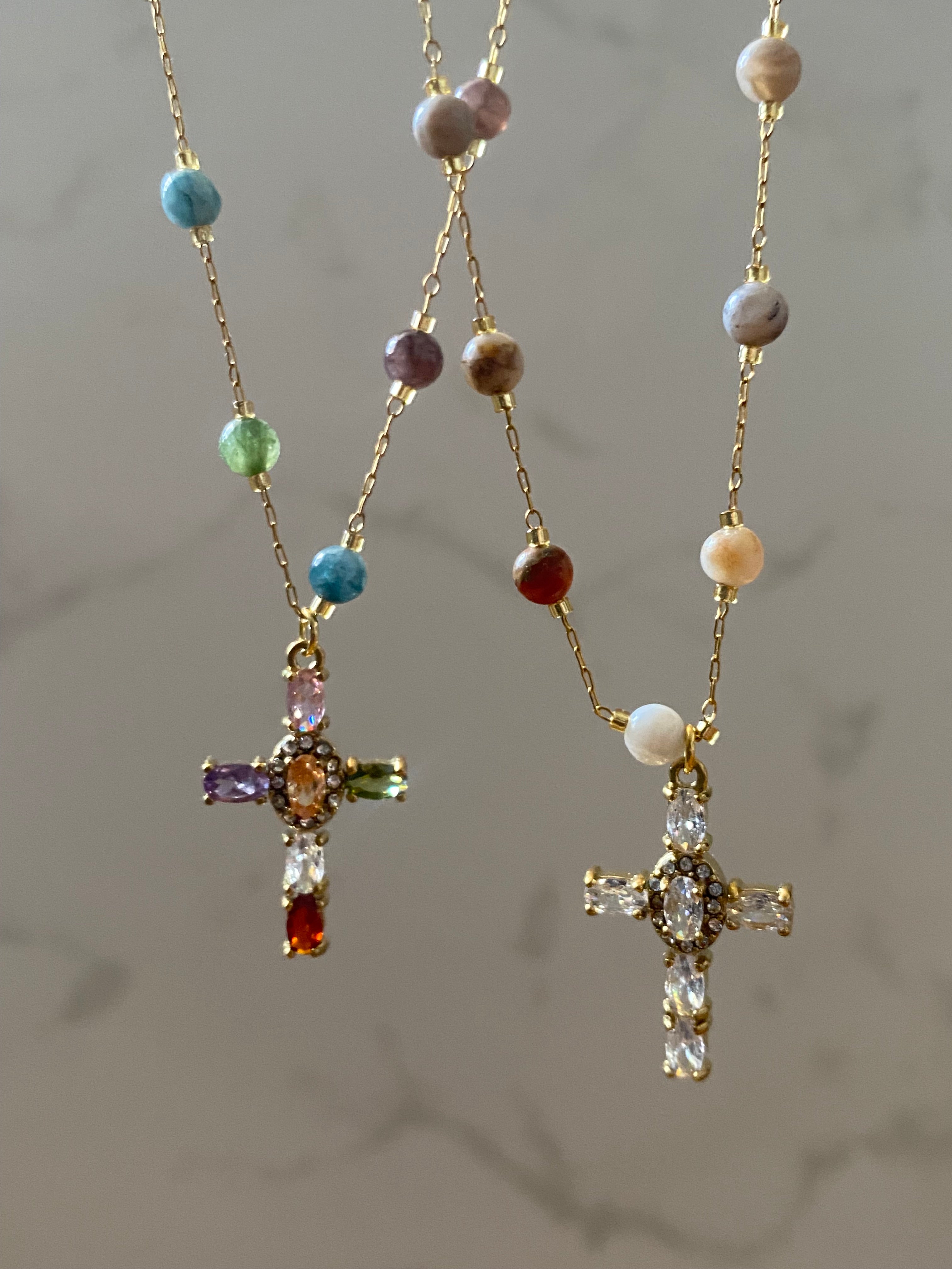 Multicolor Rosary Bead Cross Pendant Necklace - GRISÉ NYC 3