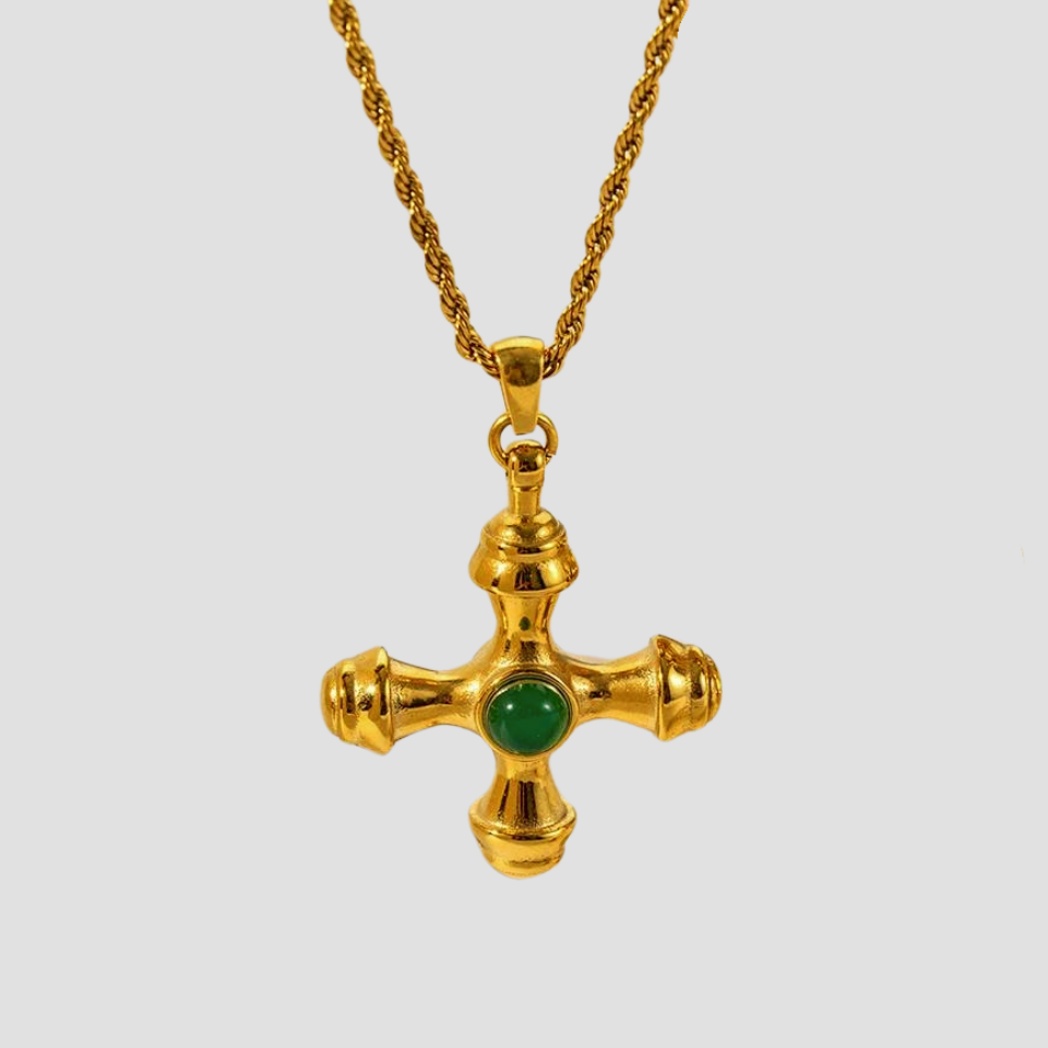 Green Agate 18k Gold Cross Pendant Rope Chain Necklace - GRISÉ NYC 1