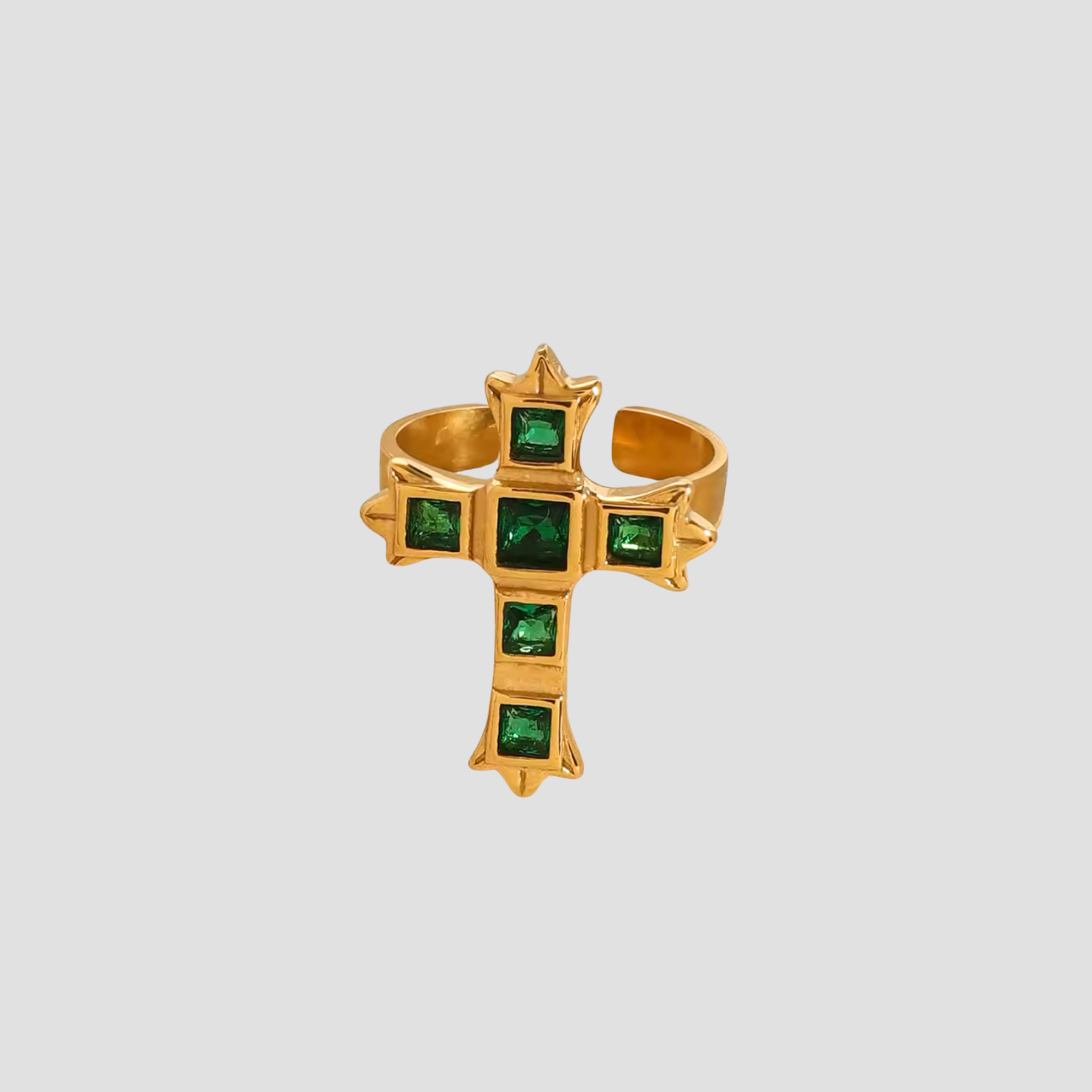 Green Gem Cross Ring - 18k Gold