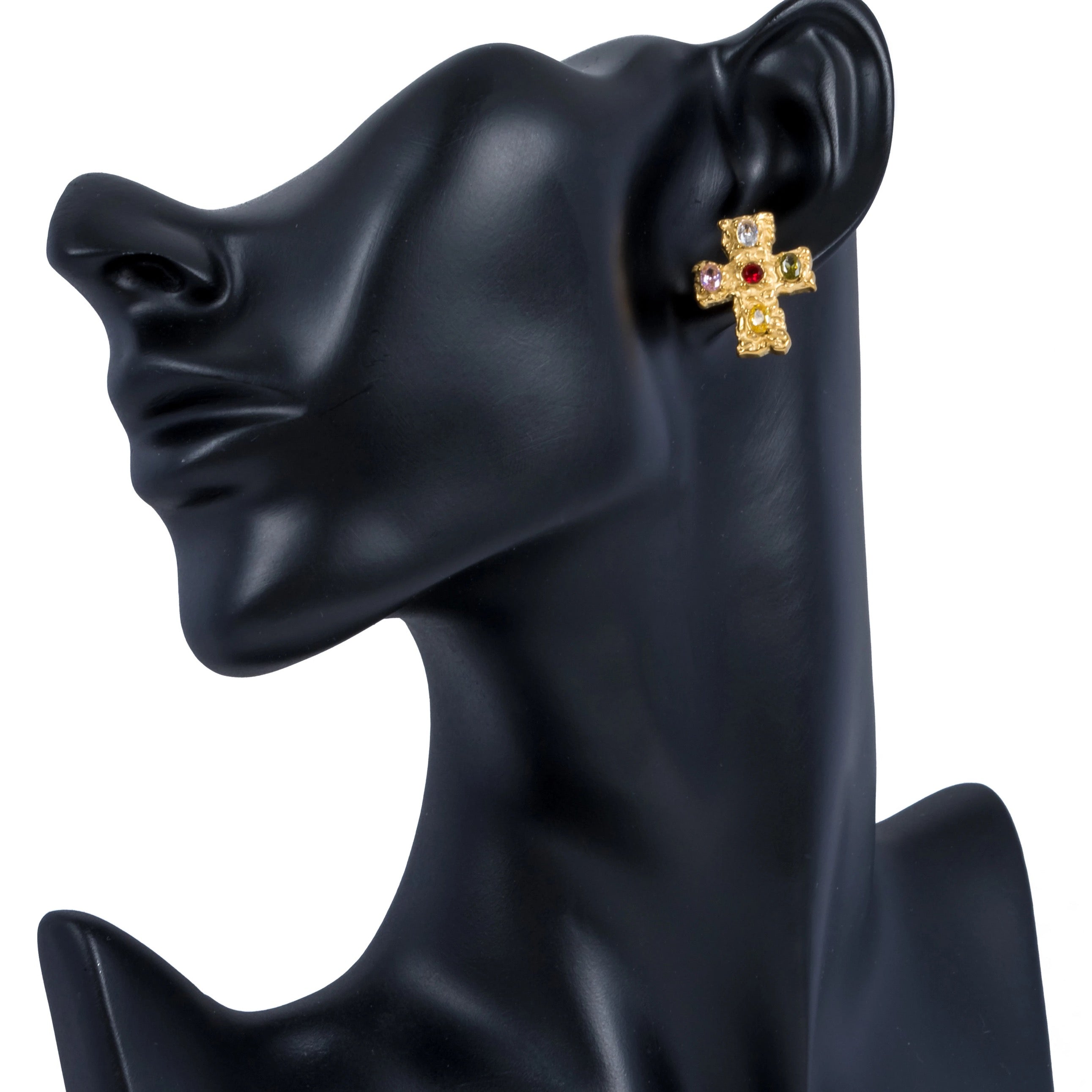 Mini Rainbow Gemstone 18k Gold Cross Earrings - GRISÉ NYC 3