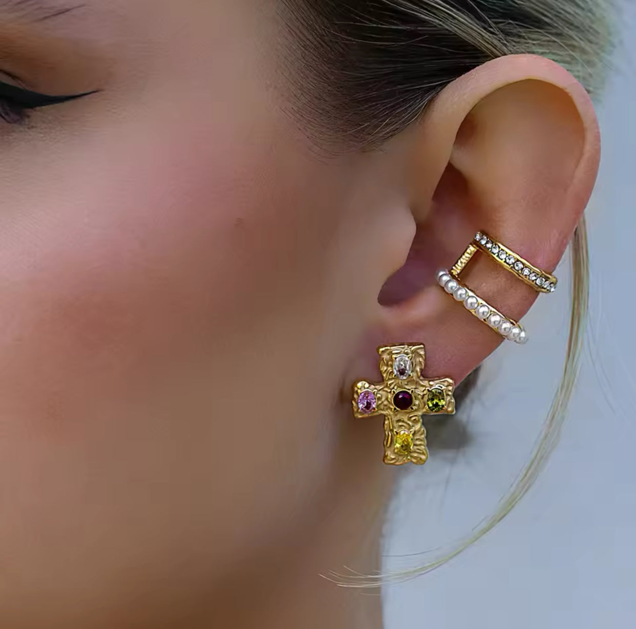 Mini Rainbow Gemstone 18k Gold Cross Earrings - GRISÉ NYC 2