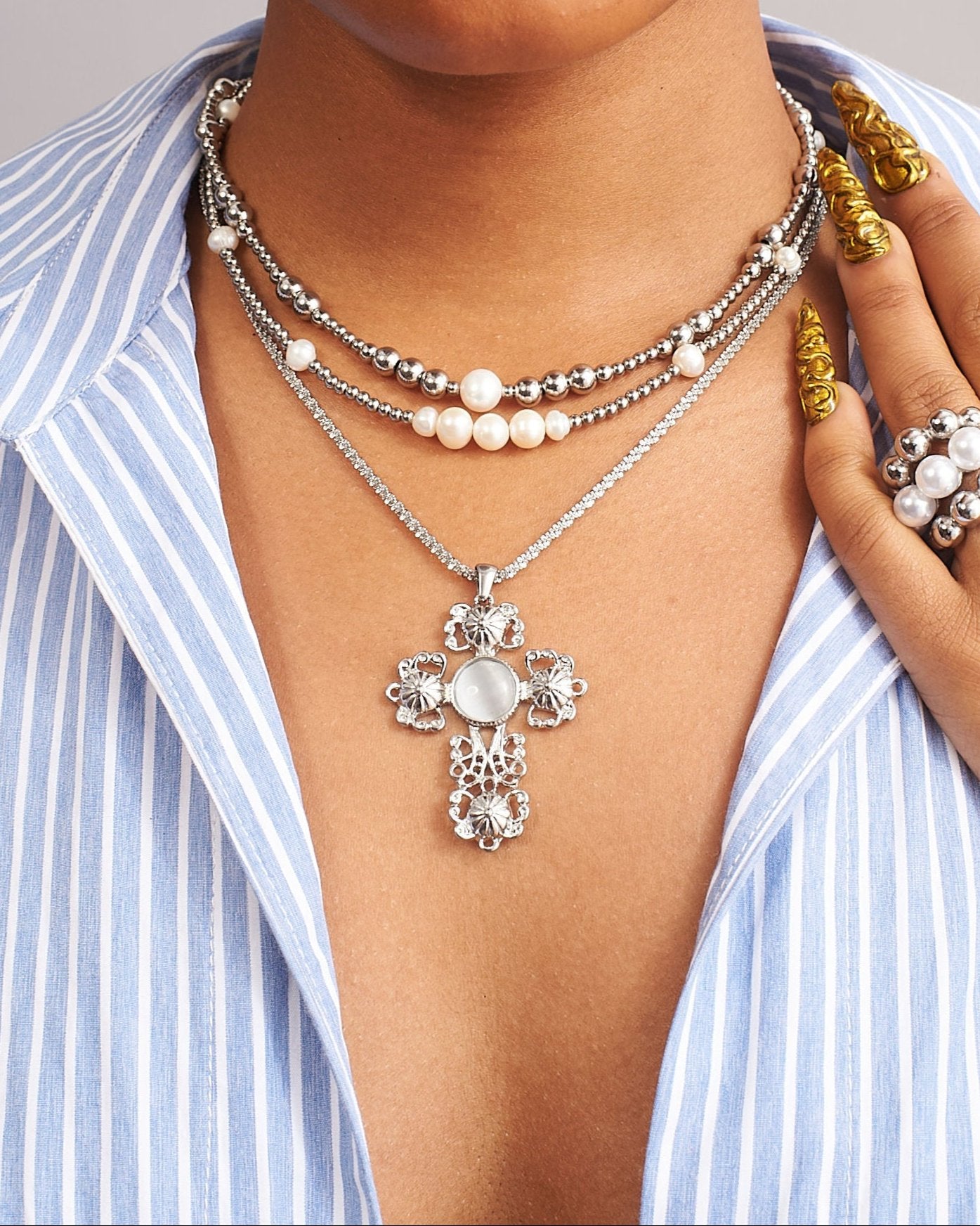 Multi Freshwater Pearl Steel Bead Necklace - GRISÉ NYC 2