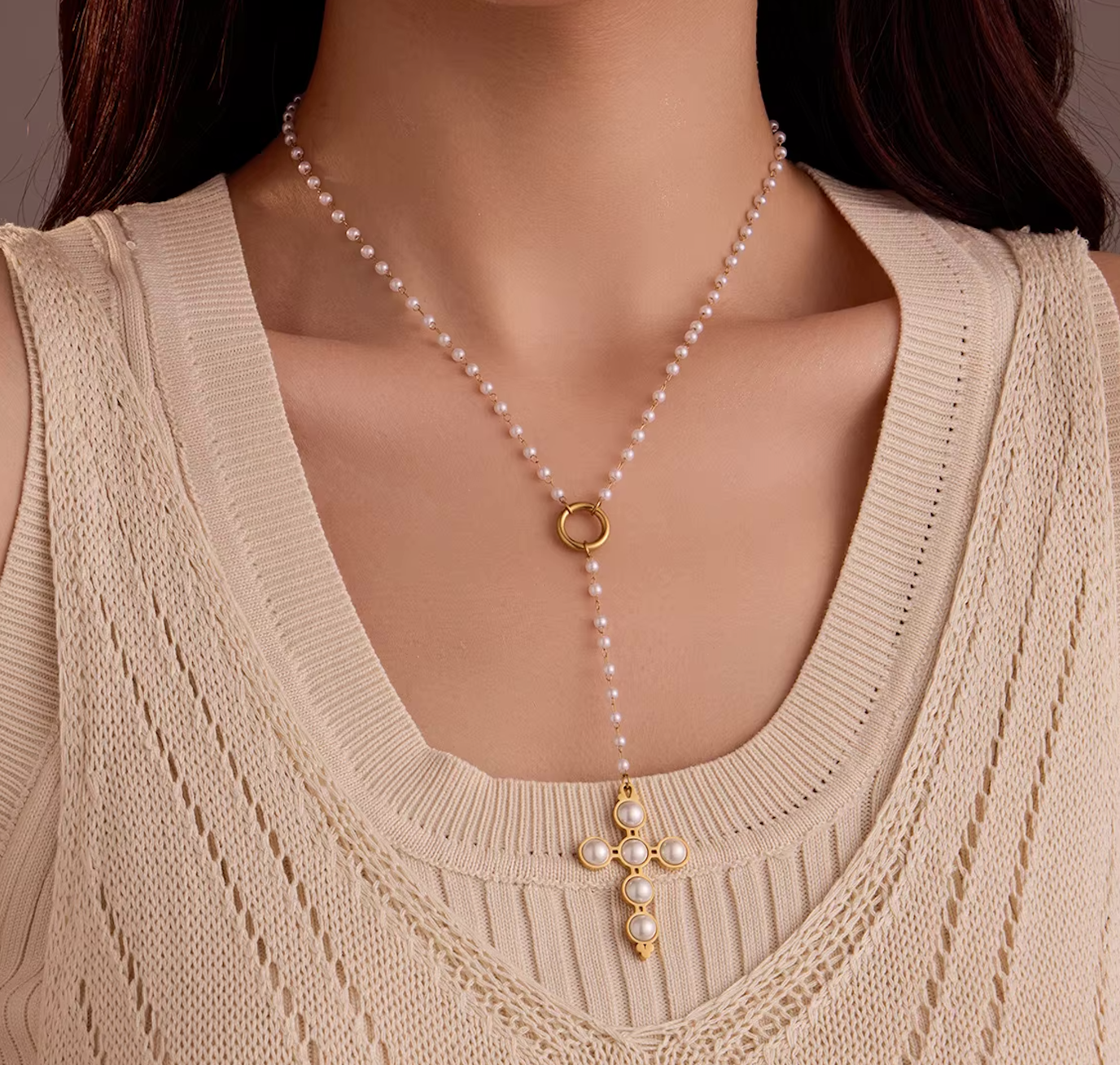 Perlita Rosary 18k Gold Cross Pendant Necklace - GRISÉ NYC 4