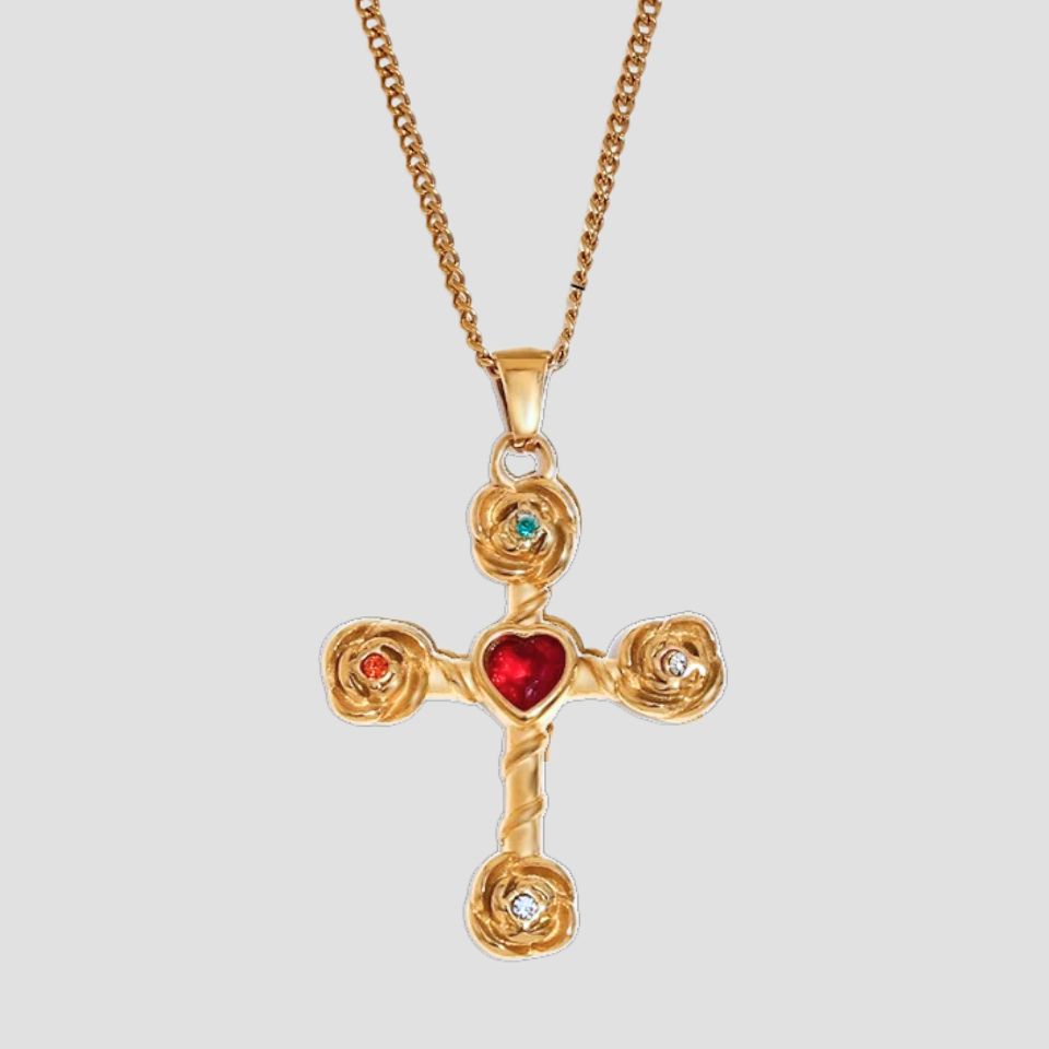Ruby Heart Multi Gemstone Cross Necklace - GRISÉ NYC 1