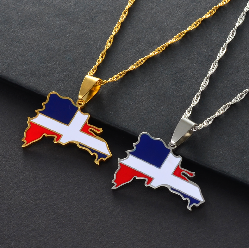 Dominican Republic Enamel Pendant Necklace - Silver