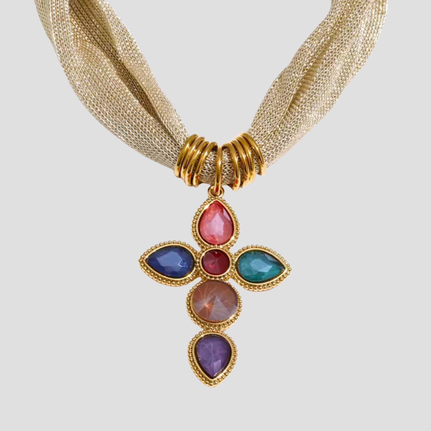 Gold plated multicolor gemstone cross pendant necklace on mesh chain by GRISE NYC.