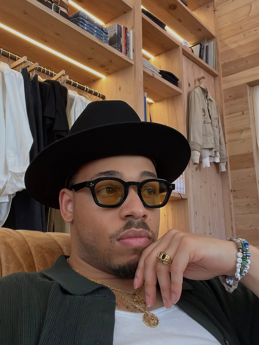 Male model wearing the GRISÉ NYC 2-Tone 18k Gold Rugged Ring with contemporary streetwear styling.
