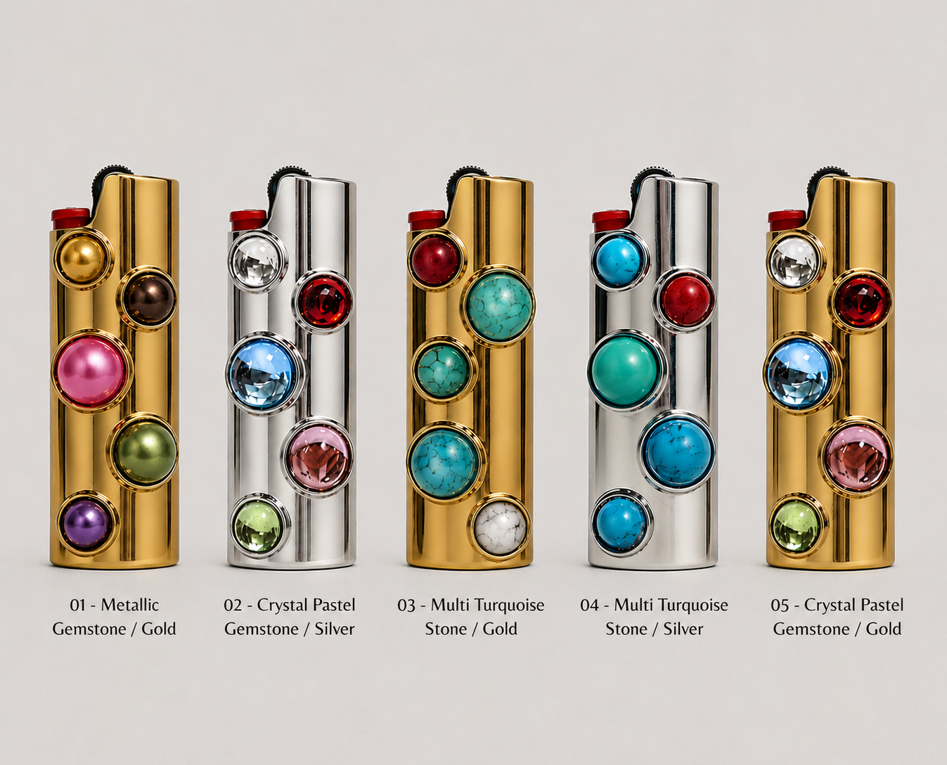 GRISÉ NYC Bedazzled Gemstone BIC J6 Maxi Lighter Case colorway guide showing Metallic Gemstone Gold, Crystal Pastel Gemstone Silver, Multi Turquoise Stone Gold, Multi Turquoise Stone Silver, and Crystal Pastel Gemstone Gold finishes.