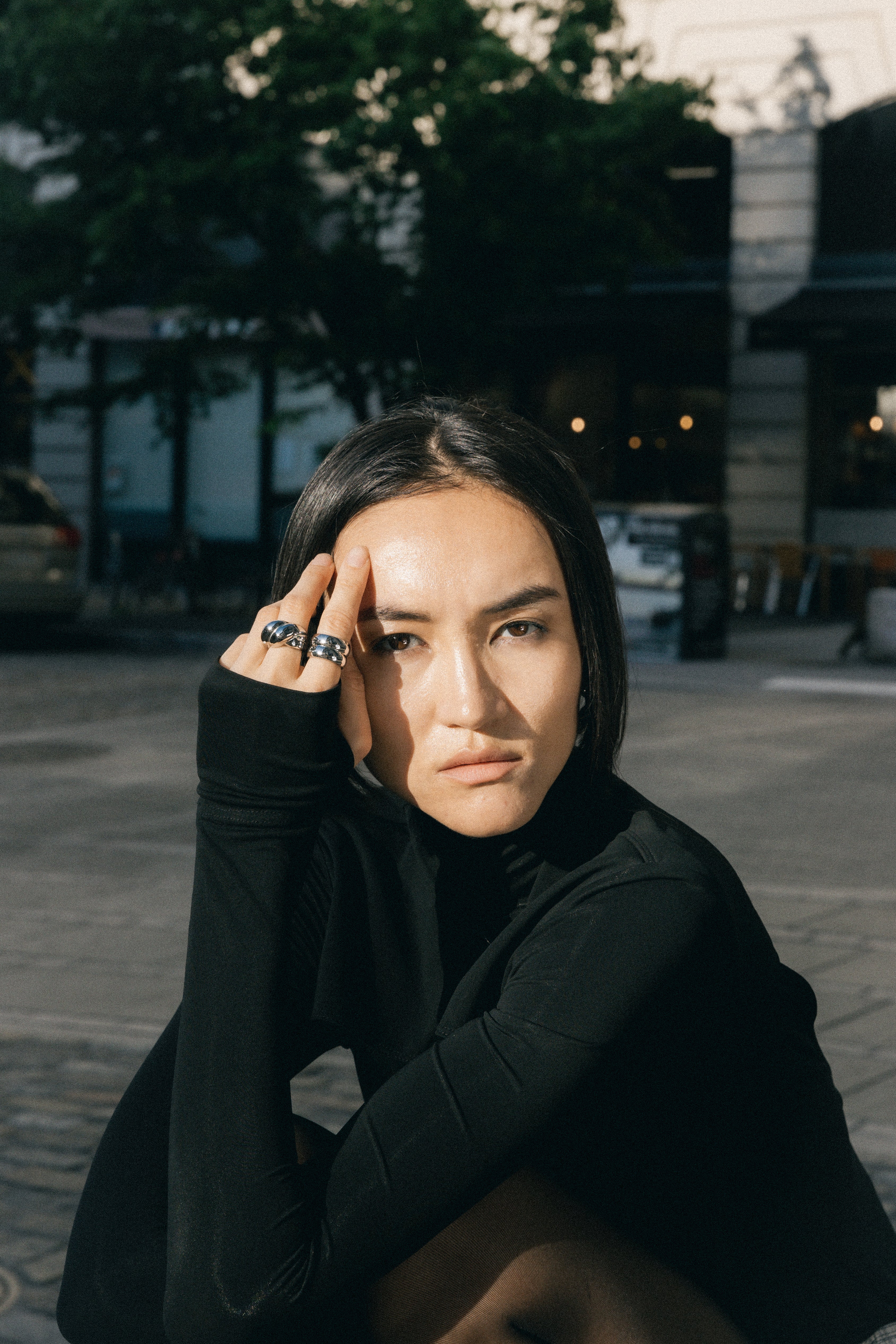 Double Dome Stainless Steel Ring styled on model silver ring
