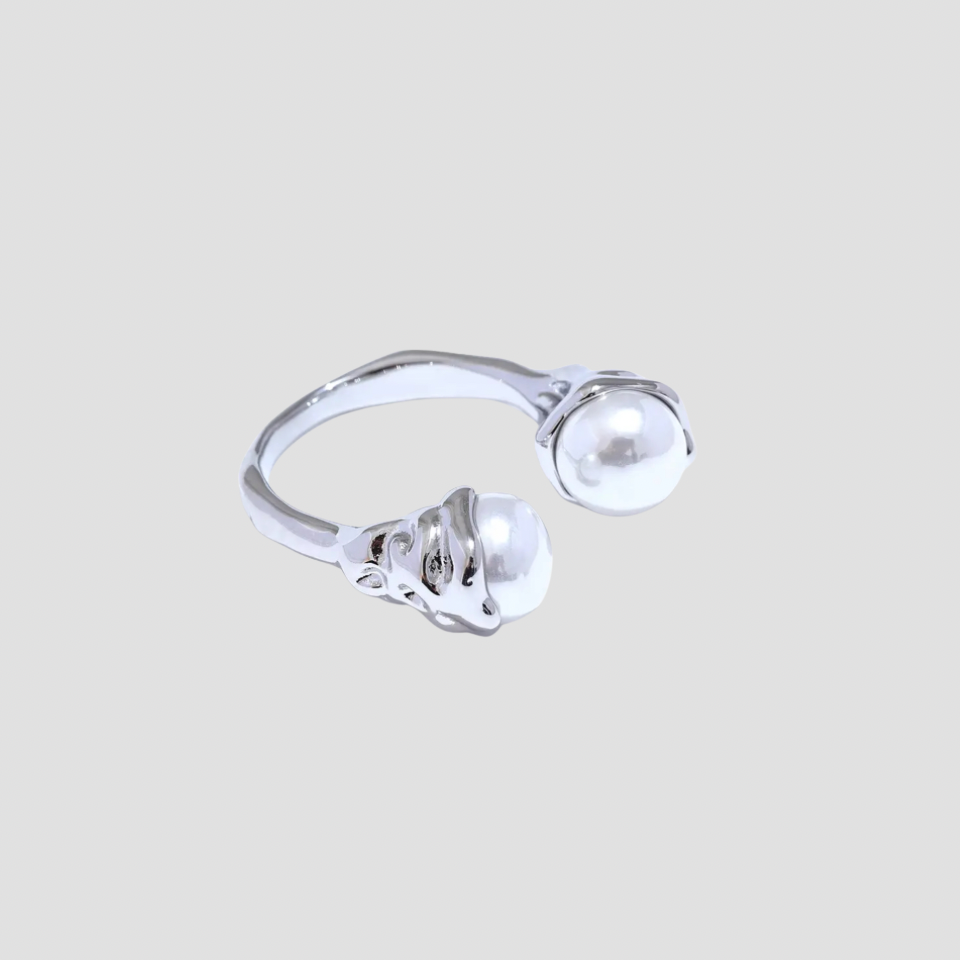 GRISÉ NYC double pearl open ring in stainless steel minimalist statement ring.