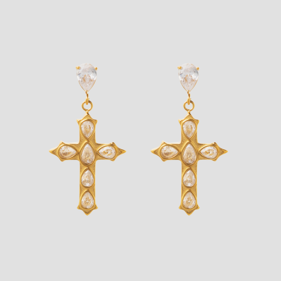 GRISÉ NYC gemstone cross dangle earrings in 18k gold plated stainless steel with cubic zirconia.