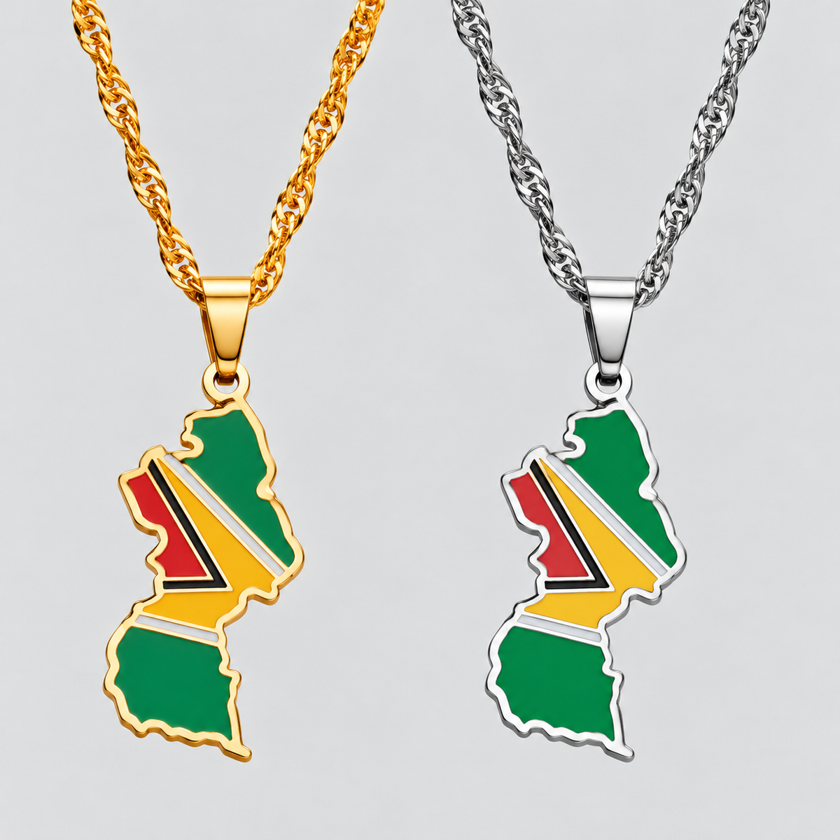 GRISÉ NYC Guyana flag map pendant necklaces in gold and silver featuring colorful Guyanese flag detailing on matching chains.