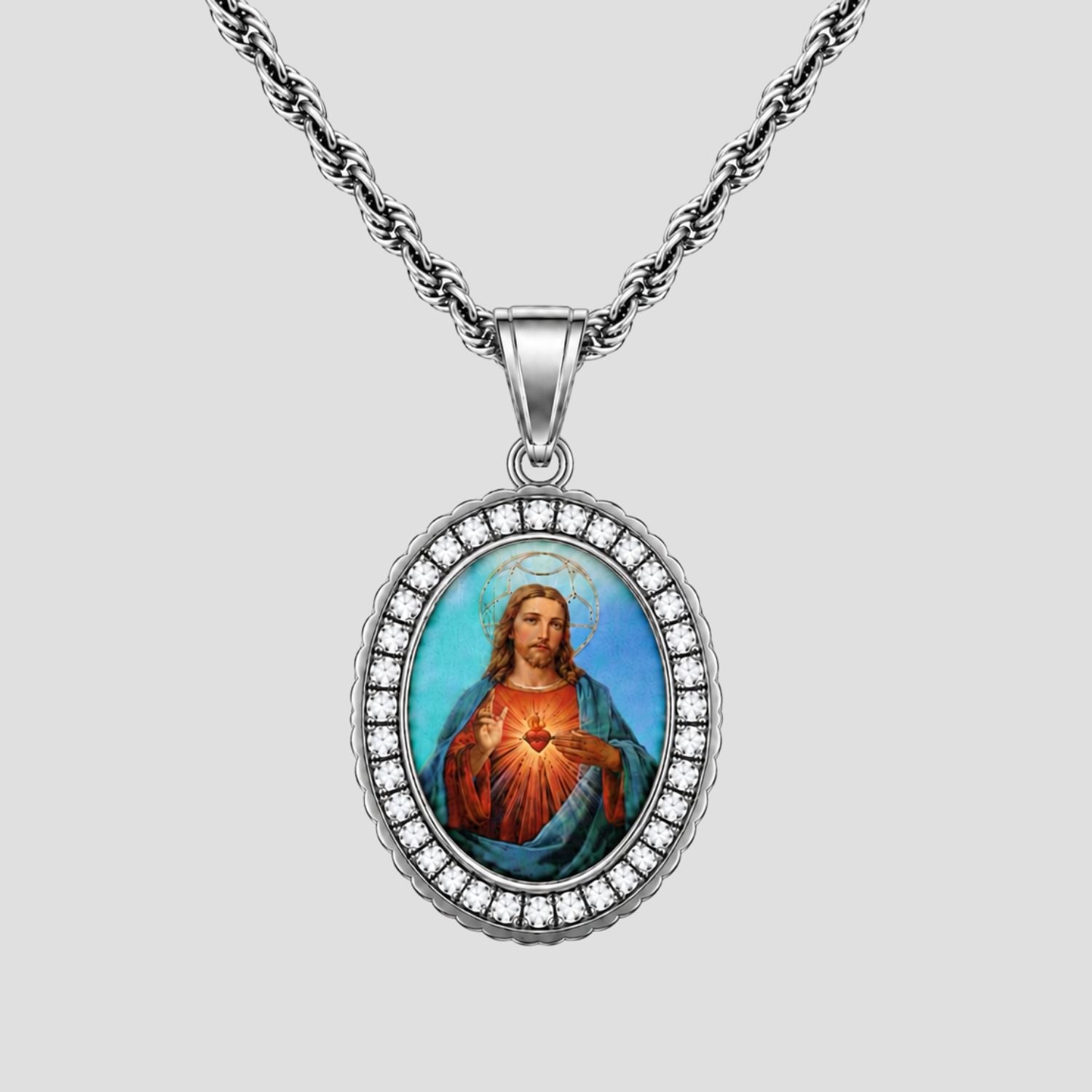 Jesus Oval Gemstone Pendant Necklace - Silver | GRISÉ NYC