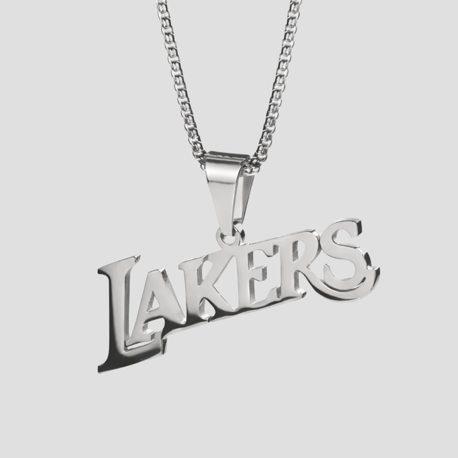 GRISÉ NYC Lakers silver box chain necklace with script pendant on stainless steel chain inspired by basketball culture