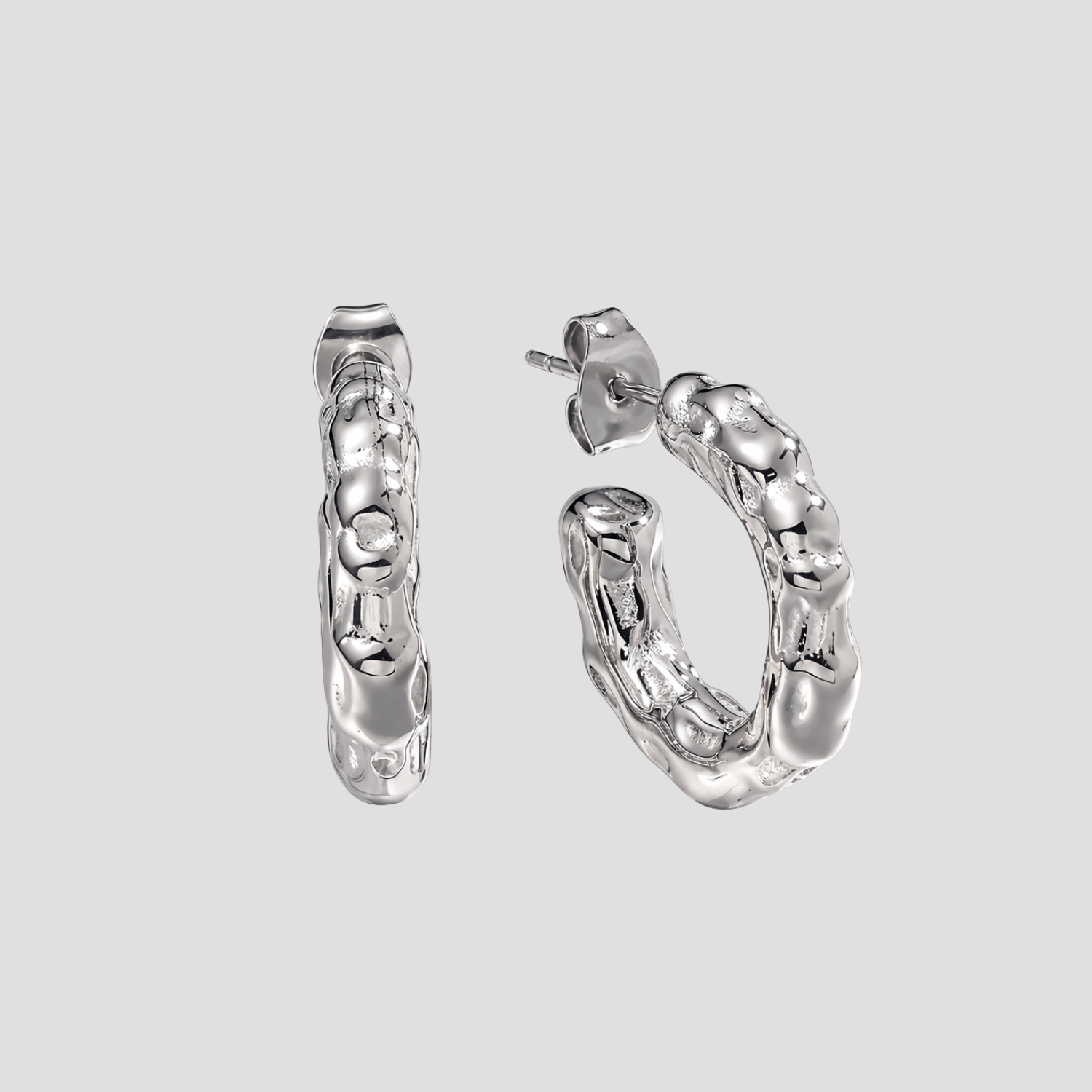 GRISÉ NYC liquid silver hoop earrings in stainless steel front view
