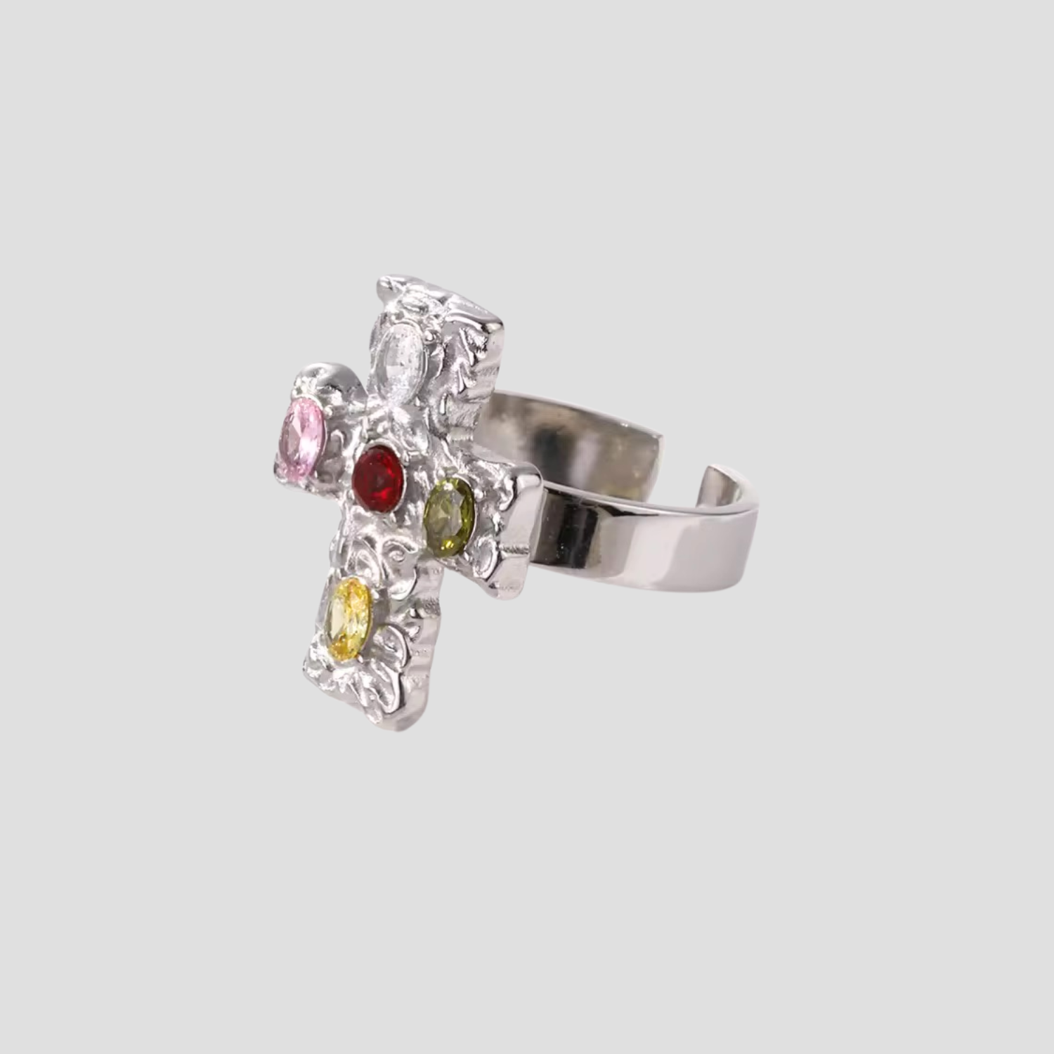 GRISÉ NYC silver multicolor gemstone cross adjustable ring in stainless steel side view