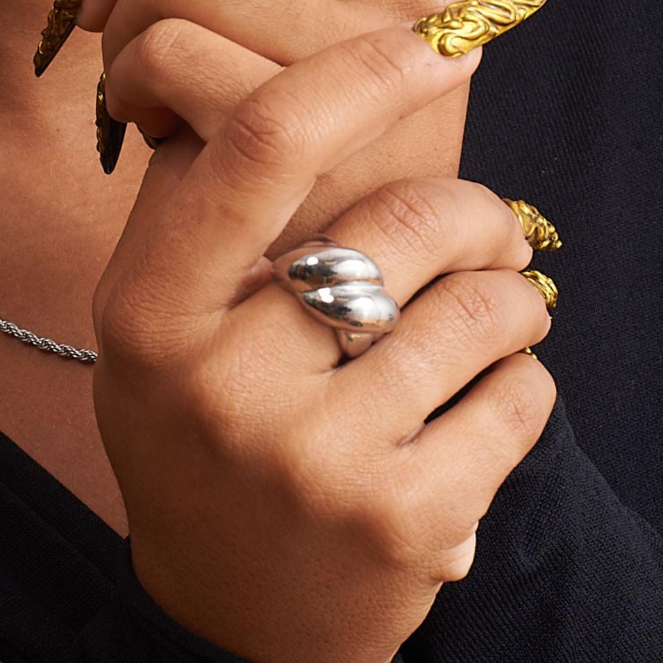 GRISÉ NYC XL Bubble Stainless Steel Ring worn on hand as a bold sculptural silver statement ring