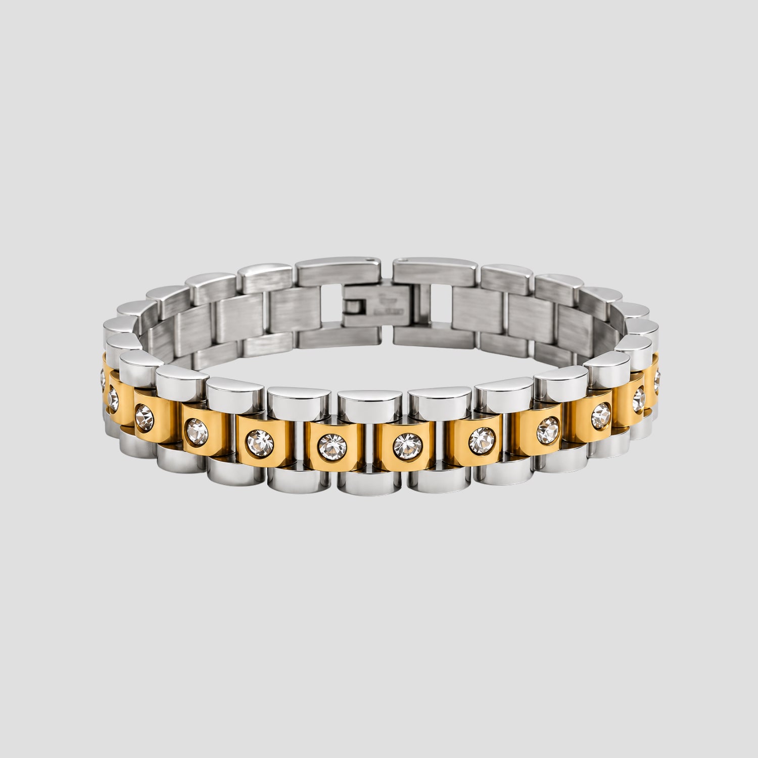 Two-tone Jubilee Link Rhinestone Bracelet in 18k gold plated and stainless steel with cubic zirconia stones.