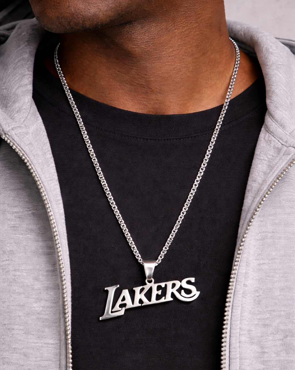 LA Lakers silver box chain necklace worn on black male model stainless steel 60cm chain