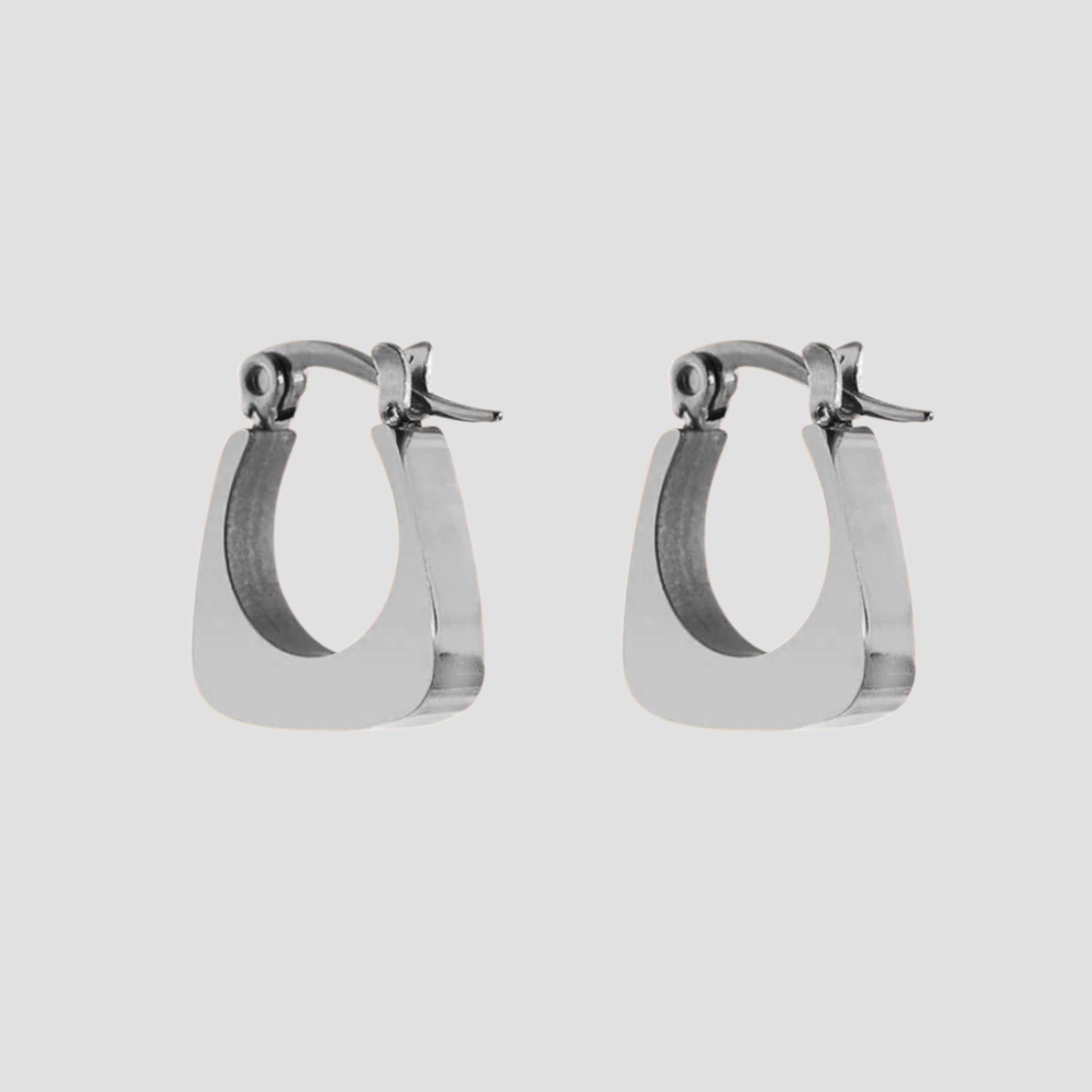 Mini square stainless steel hoop earrings by GRISÉ NYC in high polish silver with modern geometric silhouette.
