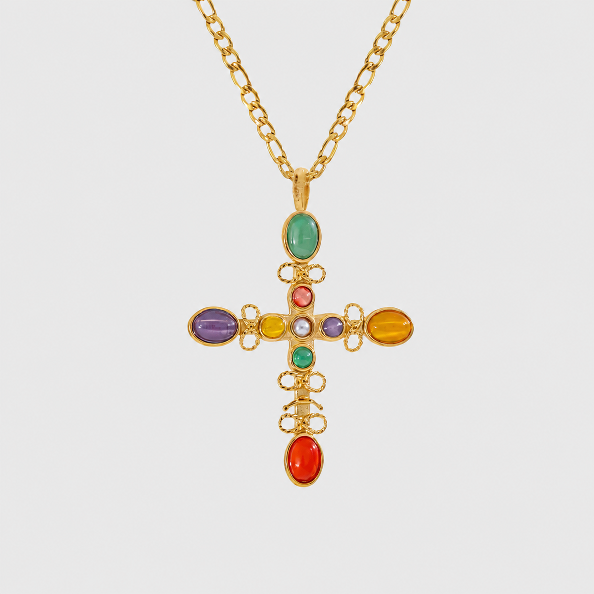 Multi Stone Cross Pendant Necklace in 18k gold with colorful stones by GRISÉ NYC