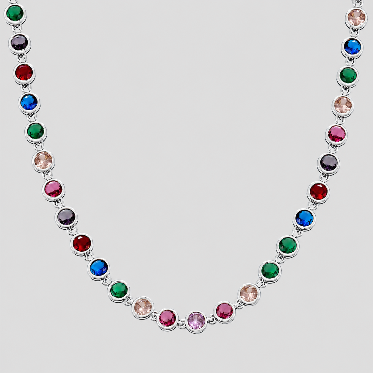 Royal Multicolor Gemstone Necklace 2.0 in silver stainless steel with vibrant multicolor cubic zirconia stones.