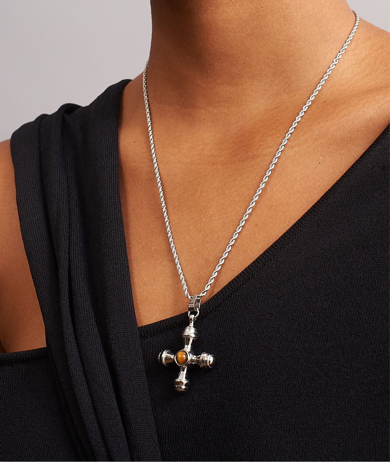 Tiger’s Eye Stainless Steel Cross Pendant Necklace - GRISÉ NYC 1