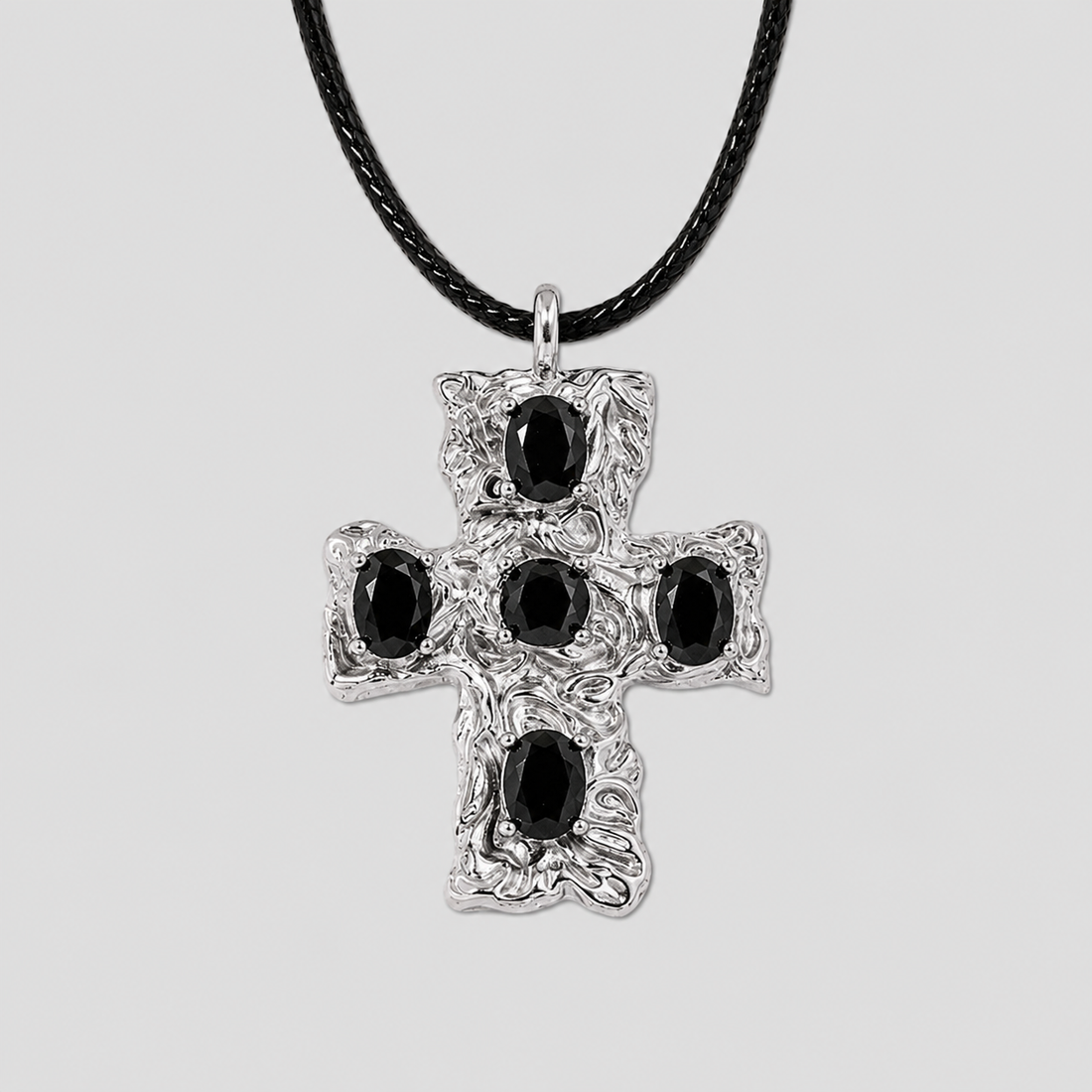Rugged Steel Cross Pendant Black Gemstone Necklace