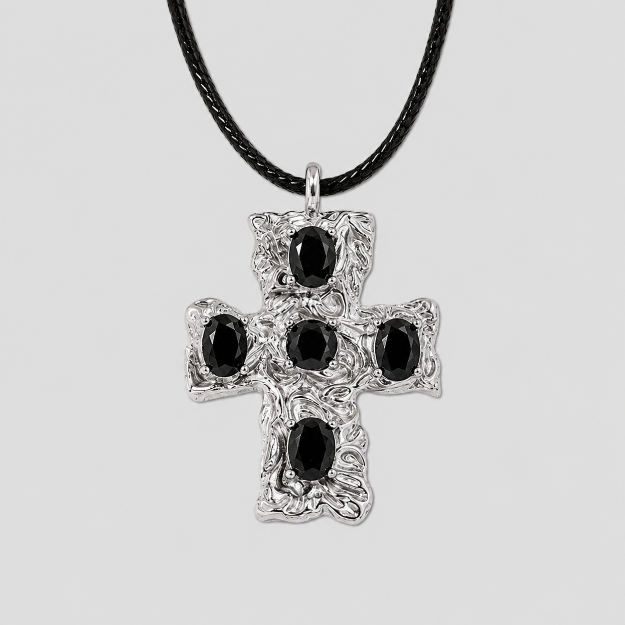 Rugged Steel Cross Pendant Black Gemstone Necklace