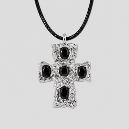 Rugged Steel Cross Pendant Black Gemstone Necklace