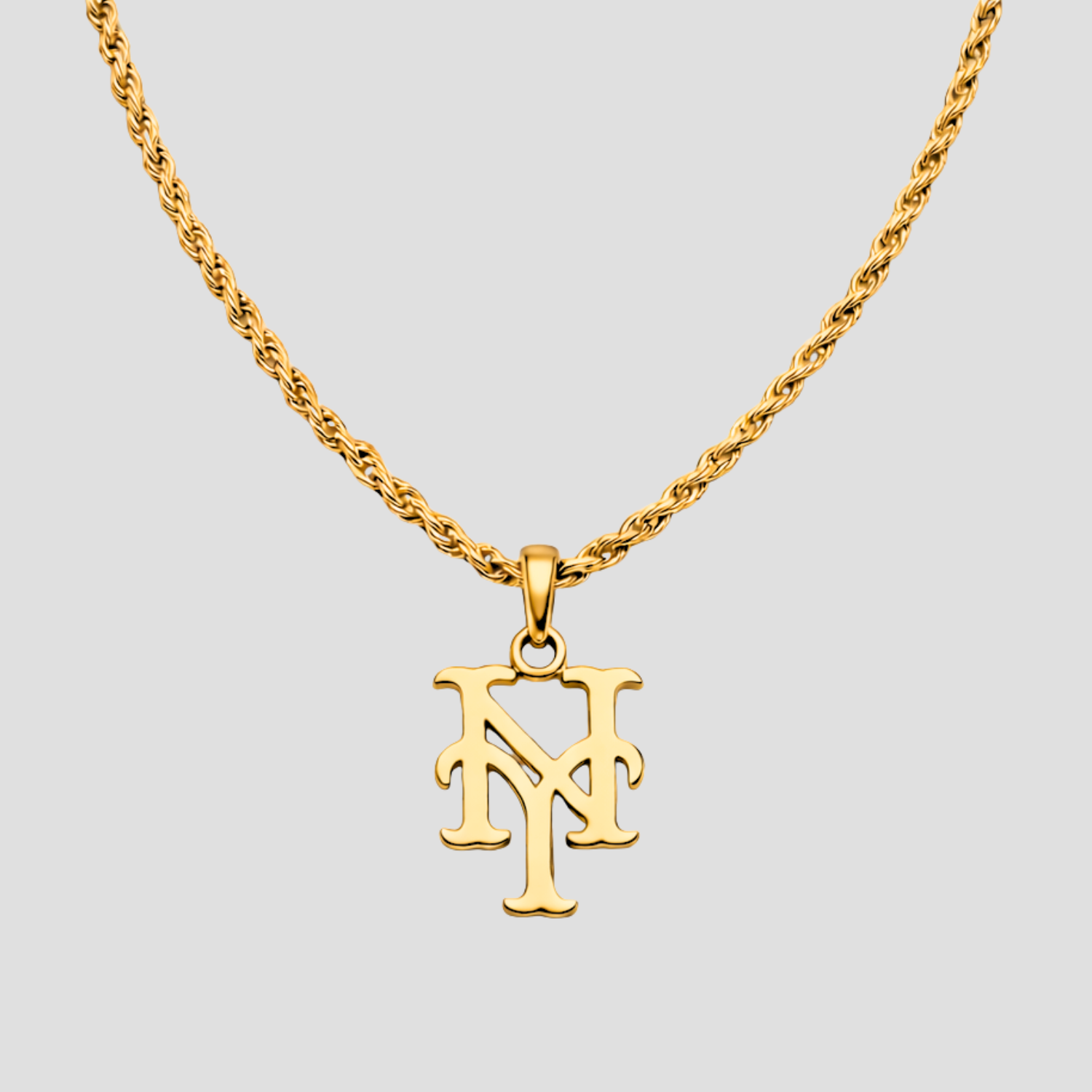 18k gold New York Mets rope necklace with Mets inspired pendant on rope chain, memorial jewelry piece by GRISÉ NYC honoring legacy and team pride.