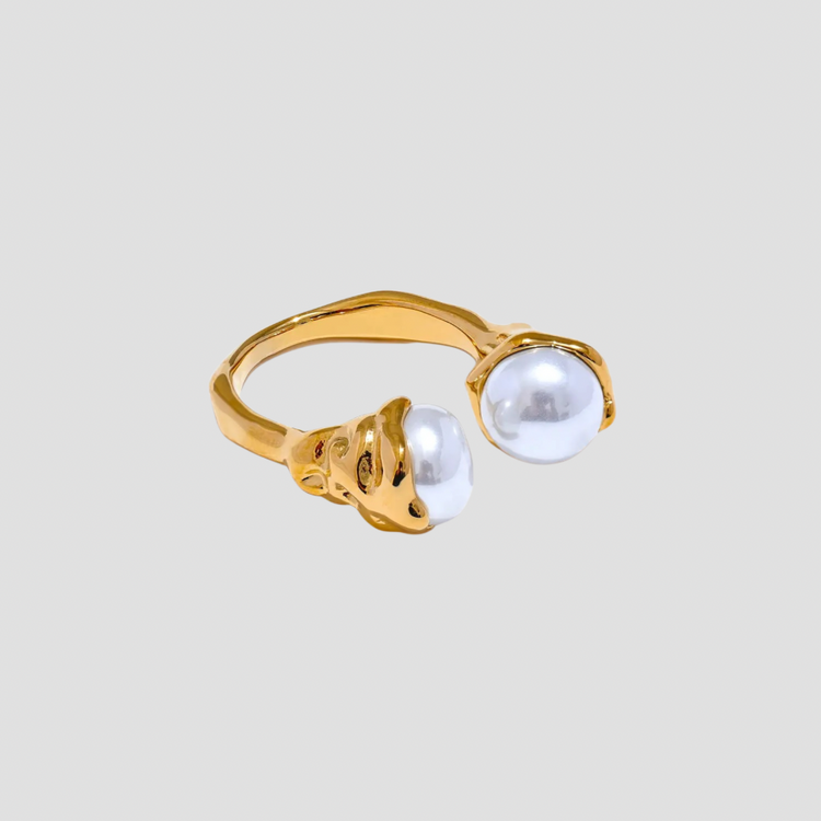 Double Pearl 18k Gold Plated Stainless Steel Ring main image 1