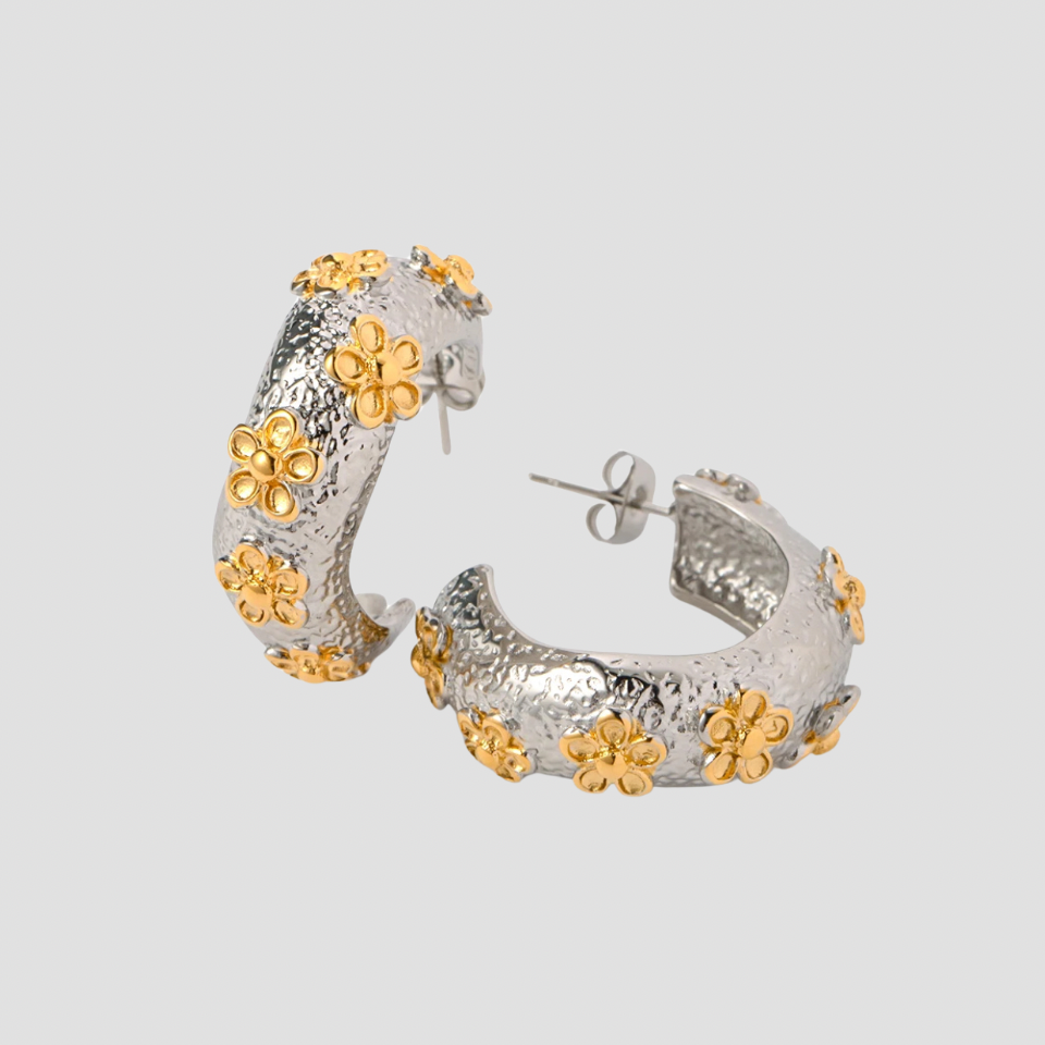 2-tone Floral Midi Earrings by GRISÉ NYC in gold and silver, waterproof and tarnish-free.