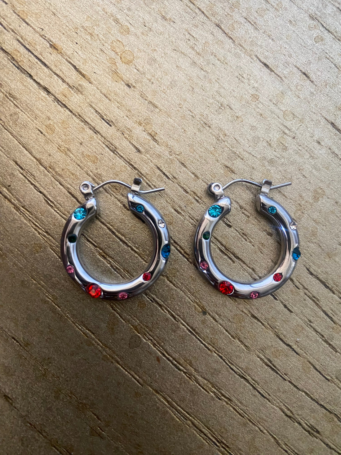 Rainbow Gemstone Steel Hoop Earrings