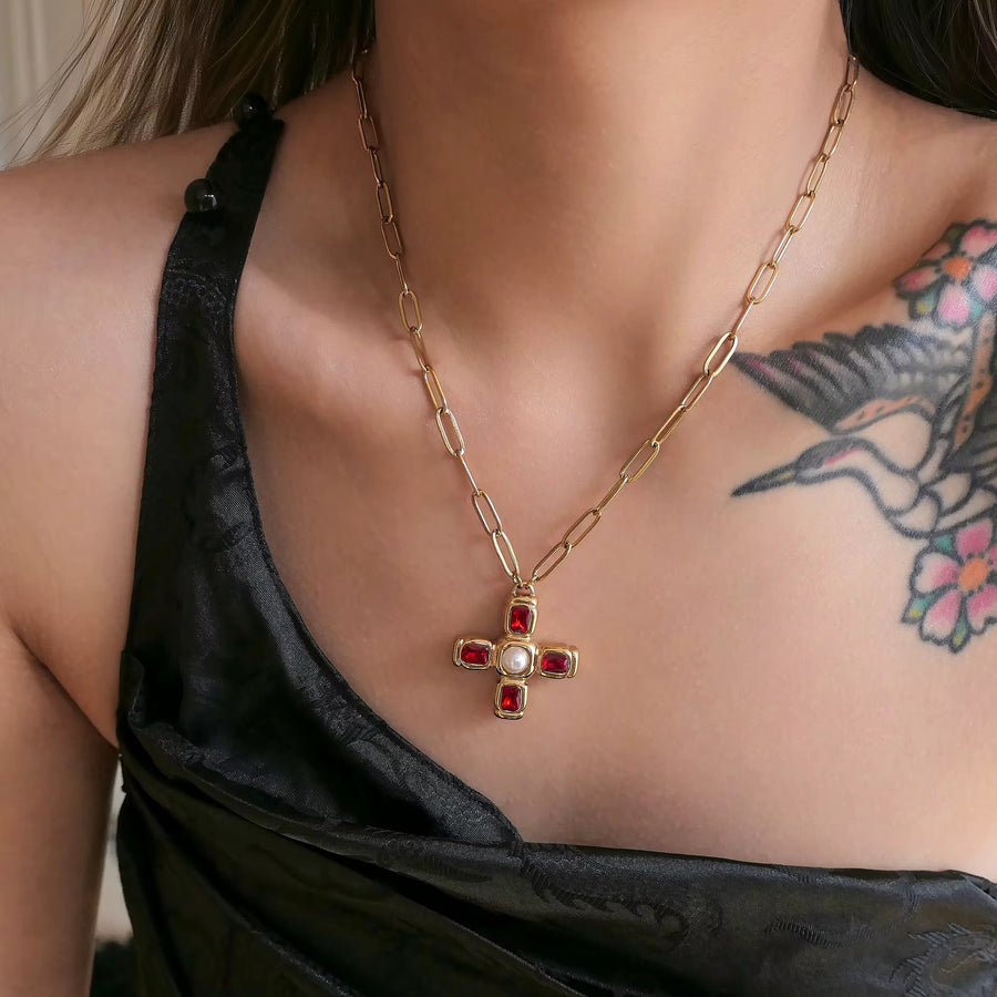 Perlita Ruby Stone Cross 18k Gold Plated Necklace