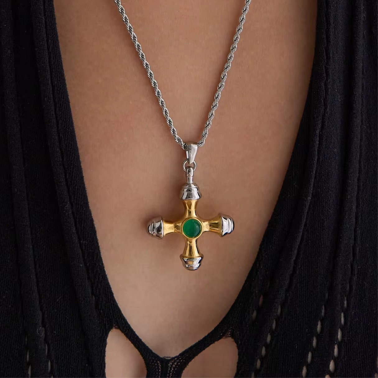 2-Tone Green Agate Cross Pendant Necklace