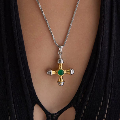 2-Tone Green Agate Cross Pendant Necklace