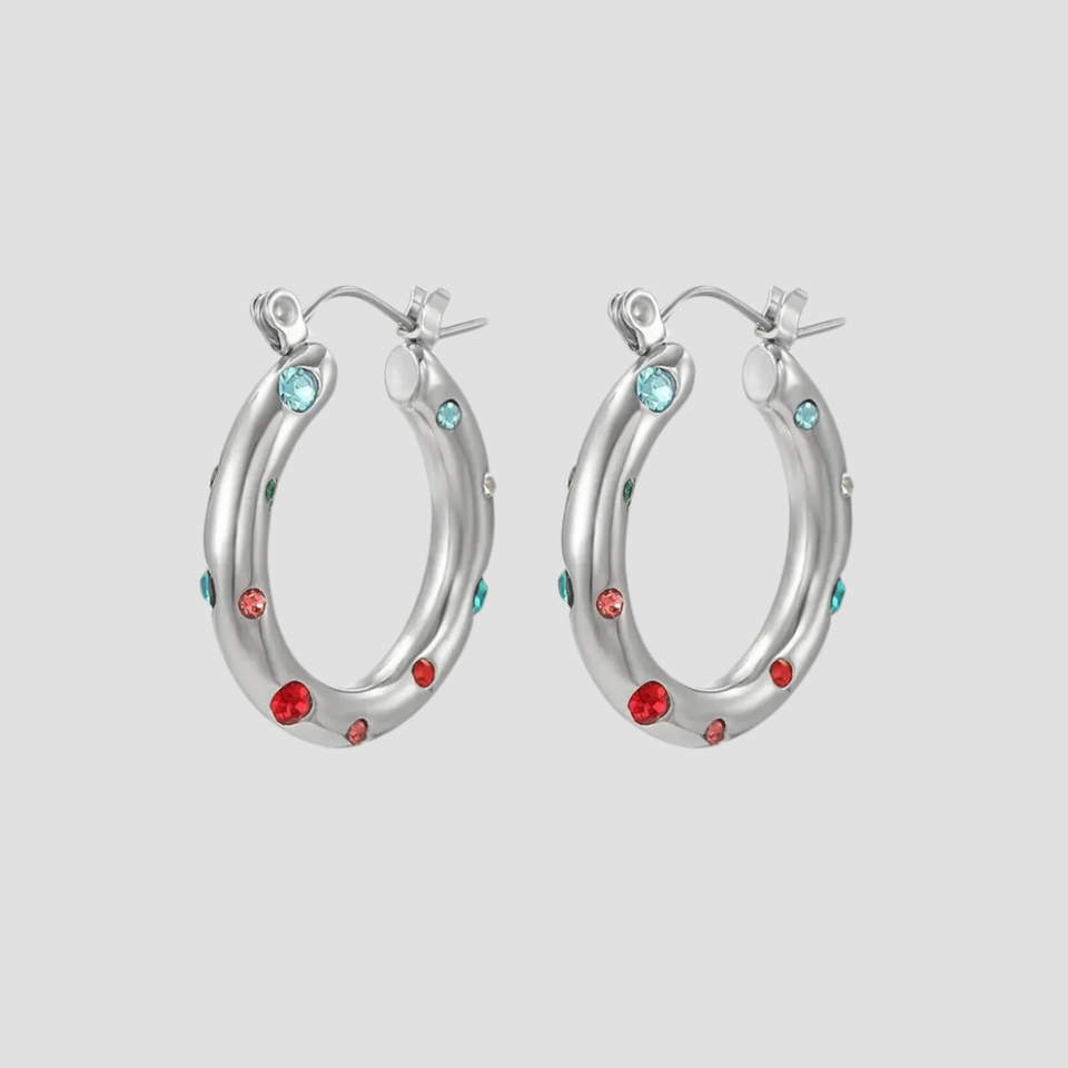 Rainbow Gemstone Steel Hoop Earrings