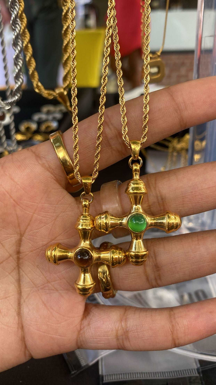 Green Agate 18k Gold Plated Cross Pendant Rope Chain Necklace