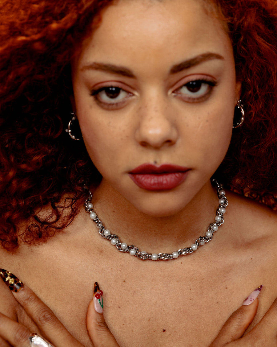 Freshwater Pearl Steel Baroque Chain Necklace
