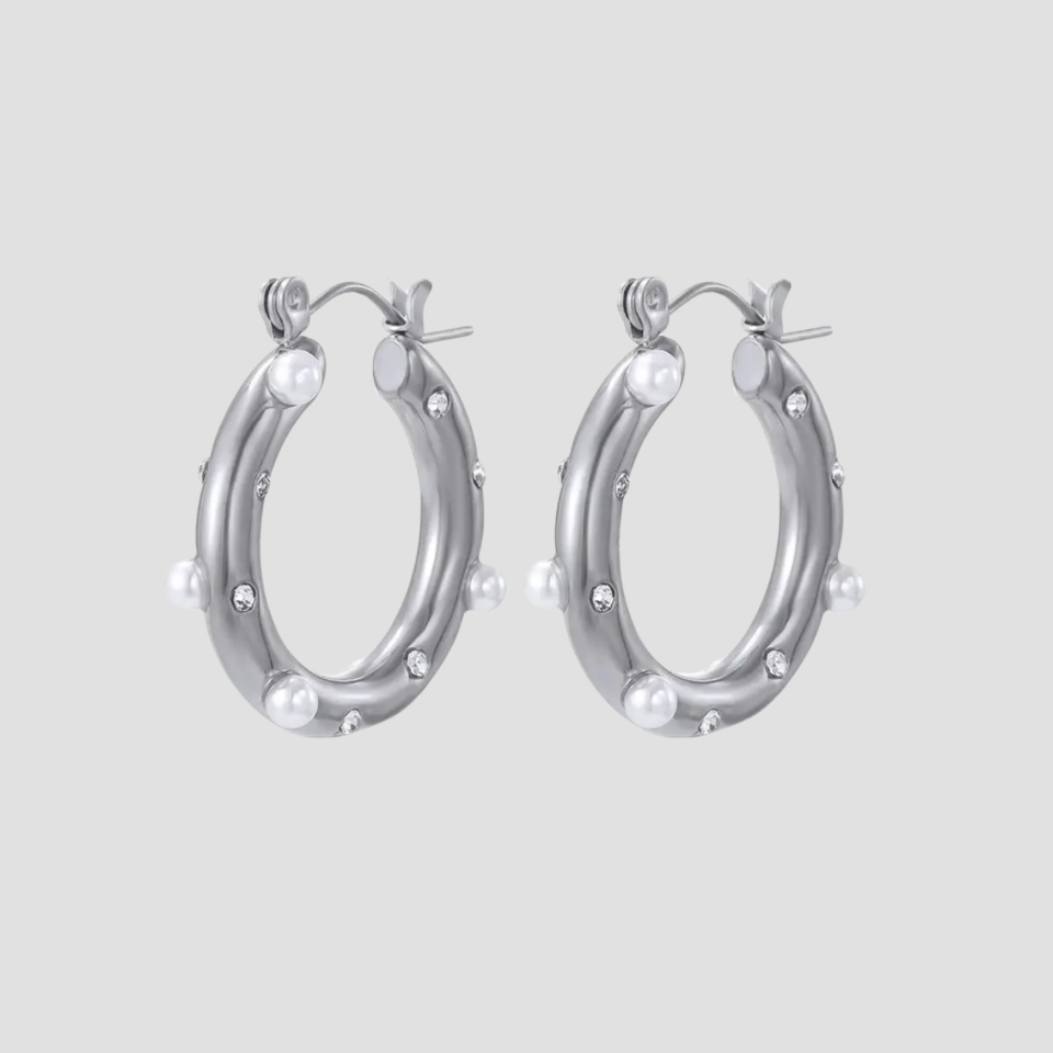 Pearl CZ Steel Hoop Earrings
