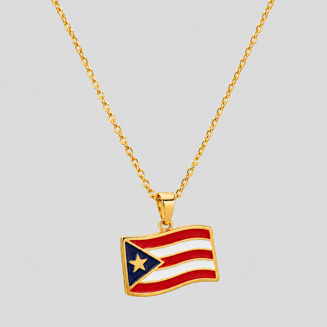 Puerto Rico Flag Pendant Necklace – Enamel Waving Flag Charm, Gold-Plated