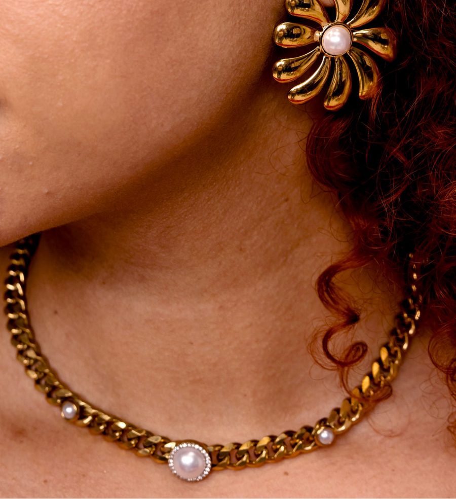 Diamante Pearl 18k Gold Plated Cuban Necklace