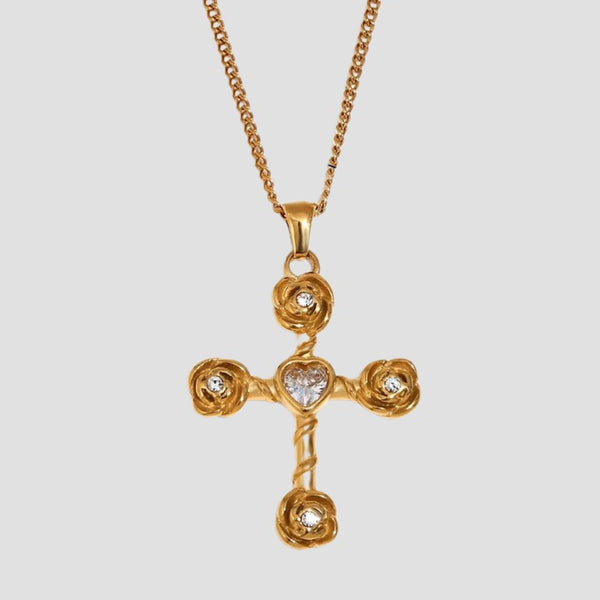 Heart Gemstone Cross 18k Gold-Plated Necklace | GRISÉ NYC