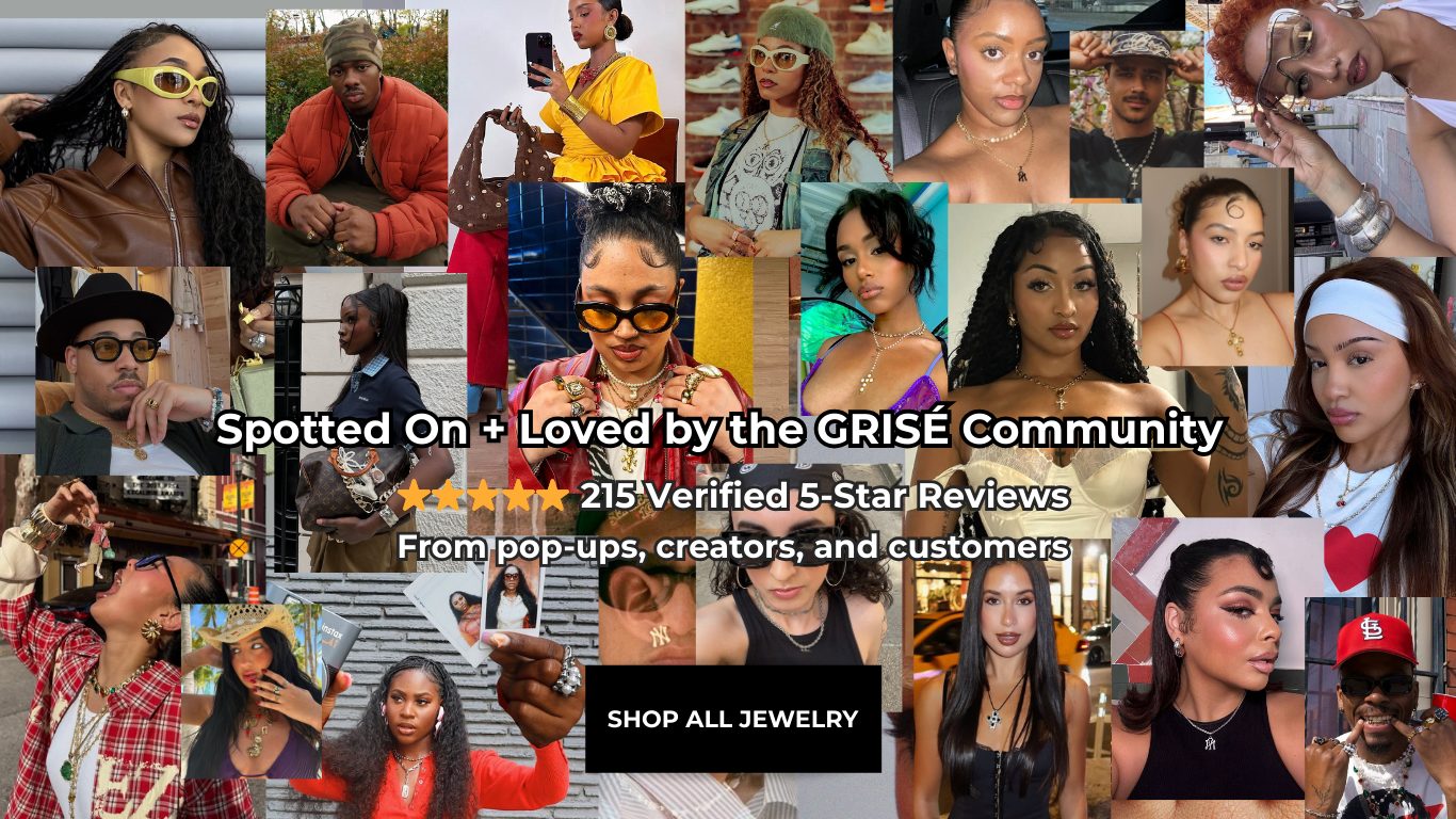 Collage of people wearing jewelry with text about GRISE Community and product availability.