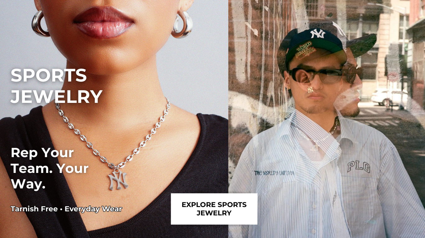 Advertisement for sports jewelry featuring a person wearing a necklace with a team logo.