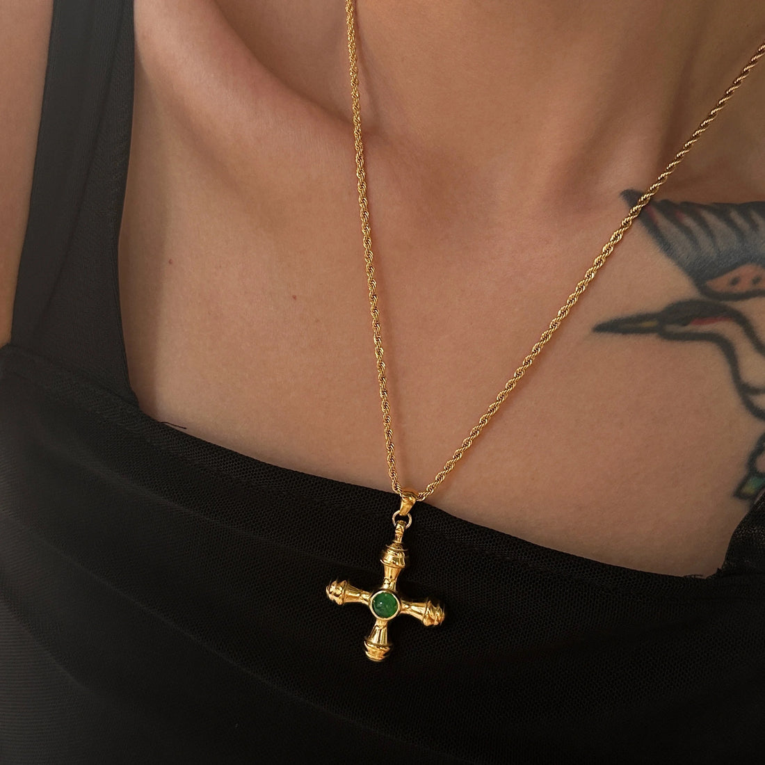 Green Agate 18k Gold Cross Pendant Rope Chain Necklace