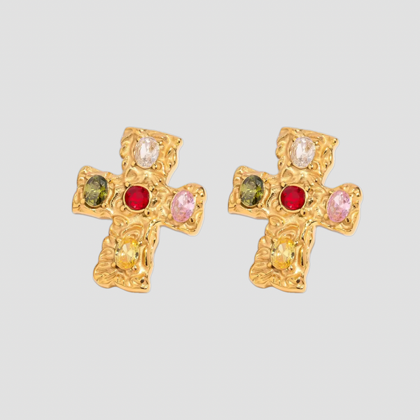 Mini Rainbow Gemstone 18k Gold Cross Earrings | GRISÉ NYC
